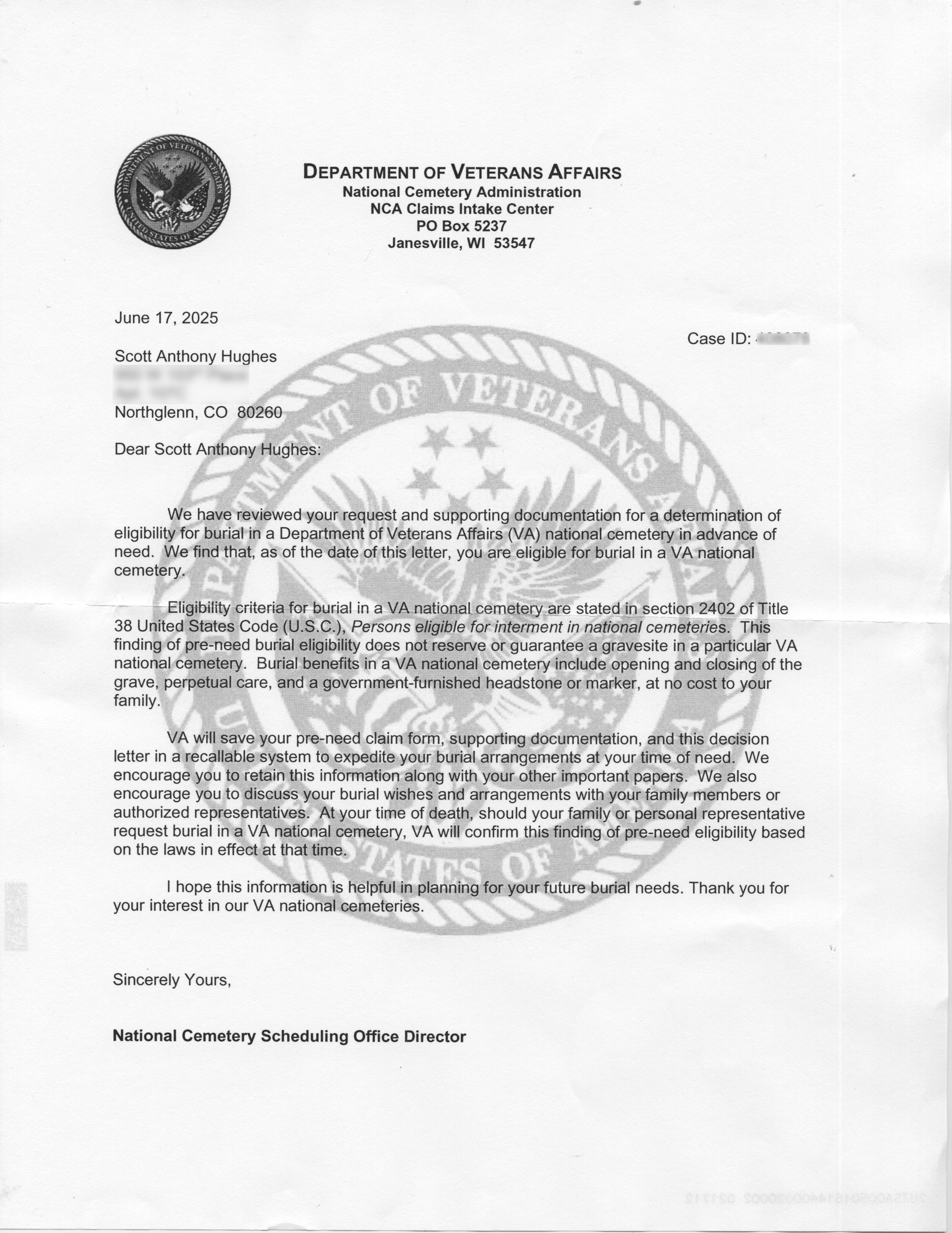 Copy of Notification from U.S. Veterans Affairs confirming my interment in a national cemetery
